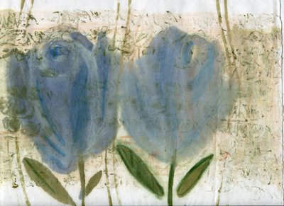 Tulipanes azules 2, 2020 (óleo y técnica mixta sobre papel A4) de Marina Falco