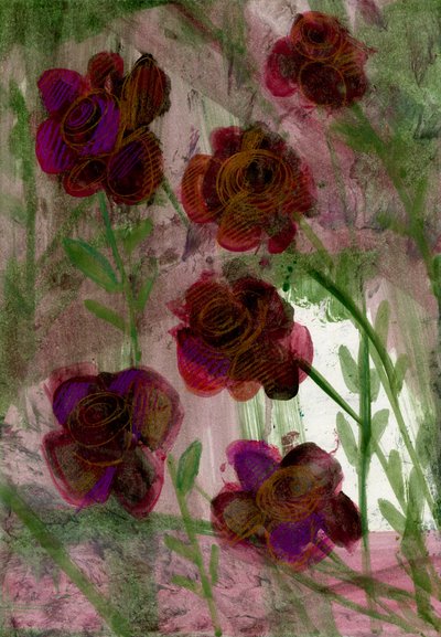 Flores, 2020 (óleo y técnica mixta sobre papel A4) de Marina Falco