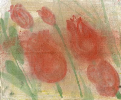 Tulipanes rojos 1, 2020 (óleo y técnica mixta sobre papel) de Marina Falco