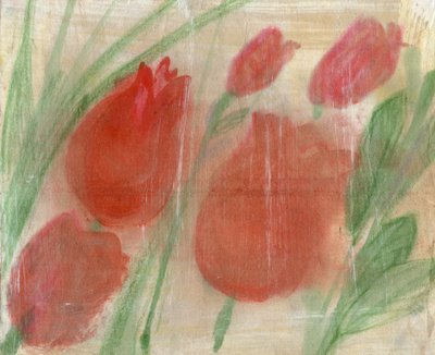 Tulipanes rojos, 2020 (óleo y técnica mixta sobre papel) de Marina Falco