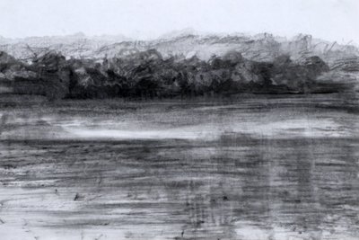 El lago, 2023 (óleo y carboncillo sobre papel) de Marina Falco