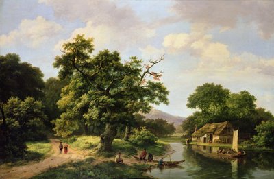 Paisaje fluvial arbolado con campesinos descargando un ferry de Marinus Adrianus Koekkoek