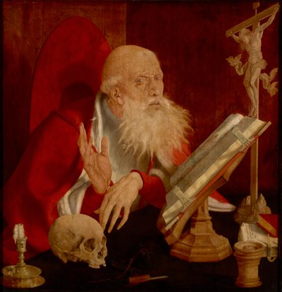 San Jerónimo en su celda - San Jerónimo en su celda, por Reymerswaele, Marinus Claesz, van (ca. 1490-después de 1567). Óleo sobre madera, ca 1545. Dimensión: 84,3x82,5 cm. Museo Nacional Brukenthal, Sibiu de Marinus van Reymerswaele
