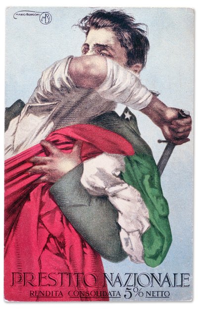 Un soldado italiano defiende la Tricolor con la espada desenvainada. Tarjeta postal de propaganda del Préstamo Nacional, c.1915-18 (tarjeta postal). de Mario Borgoni