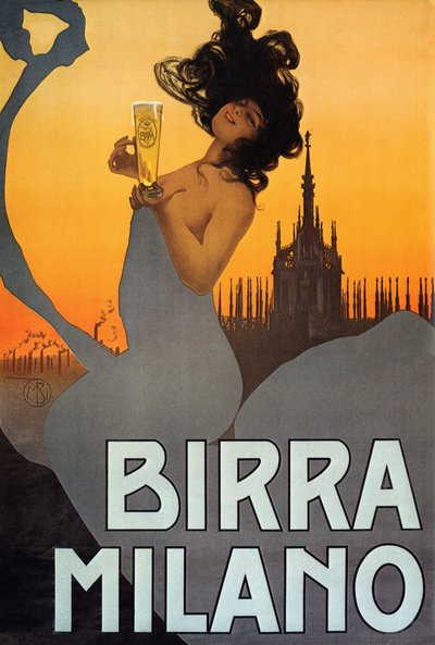 Póster publicitario de Birra Milano, Italia, c.1900 (litografía en color) de Mario Borgoni