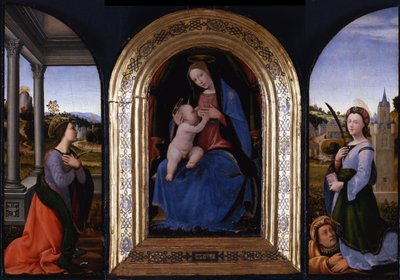 María lactante entronizada con las santas Catalina de Alejandría y Bárbara y su padre Dióscuro, 15 de Mariotto Albertinelli