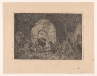 Jinetes orientales y gente en una puerta de Marius Bauer (signed by artist)