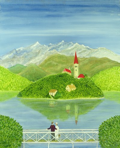 Amantes en el puente con montañas nevadas de Mark Baring