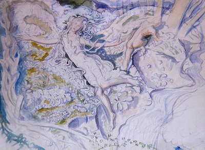 Hada flotando con joven desnudo en el fondo de Mark Lancelot Symons