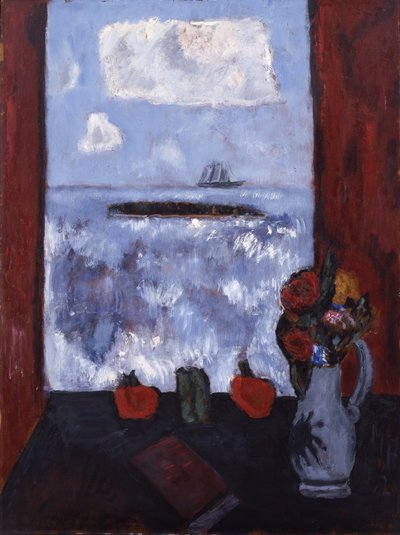 Verano, mar, ventana, cortina roja, 1942 de Marsden Hartley