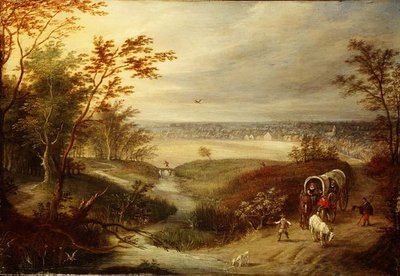 Paisaje boscoso extenso con un carro en un vado de Marten (attr. to) Ryckaert