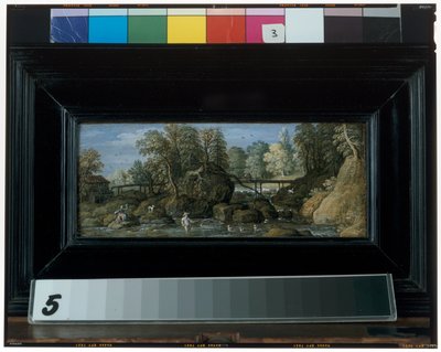 Paisaje con un molino de agua, un puente que cruza un río y un pescador con una red en primer plano. de Marten Ryckaert