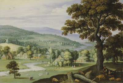 Un valle fluvial con un porquero descansando bajo un árbol en primer plano, una aldea más allá de Marten Ryckaert