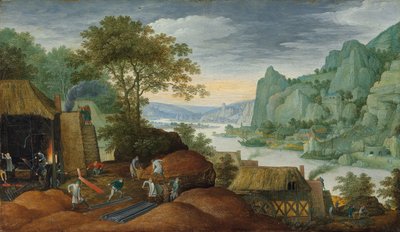 Un paisaje rocoso con figuras junto a una fundición de hierro, un río y casas en la orilla más allá de Marten Ryckaert