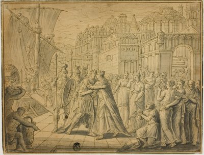 Dido y Eneas Abrazándose ante las Puertas de Cartago de Marten de Vos