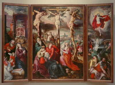 Crucifixión - Nacimiento de Cristo - Resurrección de Cristo de Marten de Vos