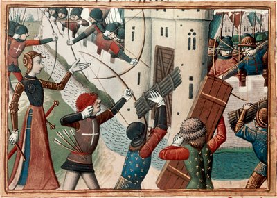 Juana de Arco en el sitio de Orleans, miniatura de las Vigiles de Carlos VII de Martial de Paris (fl.15th century)