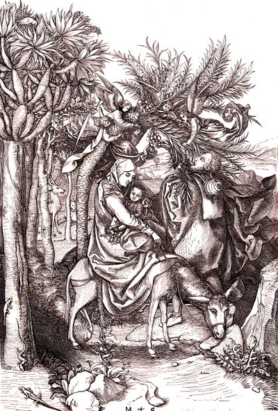 La huida a Egipto, la Sagrada Familia de Martin (after) Schongauer