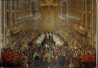 Banquete con motivo de la boda del Emperador José II e Isabel de Parma el 06/10/1760. Con Mozart de pie en la orquesta de Martin (and studio) Mytens or Meytens