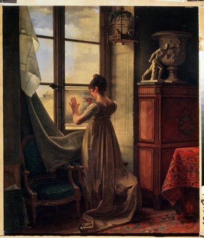 ""La Hija del Artista Copiando un Dibujo"" (La Hija del Artista copiando un Dibujo) La joven está representada de espaldas, escotada en el cuello, copiando un dibujo, apoyada en el cristal de la ventana. Pintura de Martin Drolling (1752-1817) 1812 Muse de Martin Drölling