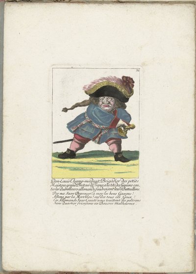 De Franse dwerg Don Luis Champ-merdant, ca. 1710 Don Luis Champ-merdant, brigadier de los pequeños maestres, gran breteur de Francia, al frente de los gascones contra los peleones alemanes, derribando sus batallones (título sobre objeto) Il Callotto revivi de Martin Engelbrecht (attributed to)