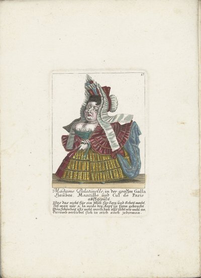 De Franse dwerg Madame Palatinelle, hacia 1710 Madame Palatinelle, gorros, mantilla y cul de Paris ataviados con la gran Galla (título sobre objeto) Il Callotto resurcitato o Gabinete pequeño recién amueblado (título de la serie) de Martin Engelbrecht (attributed to)