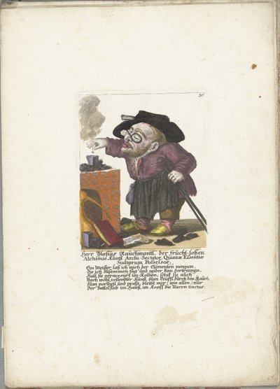 Blasius Rauchmantl como alquimista, ca. 1710 Herr Blasius Rauchmantl, der frucht-loßen Alchimie kunst Archi-Secutor, Owner of the Fifth Essence of Stupids (título sobre el objeto) Il Callotto resucitó oder Neu eingerichtes Zwerchen Cabinet (serie ti de Martin Engelbrecht (attributed to)