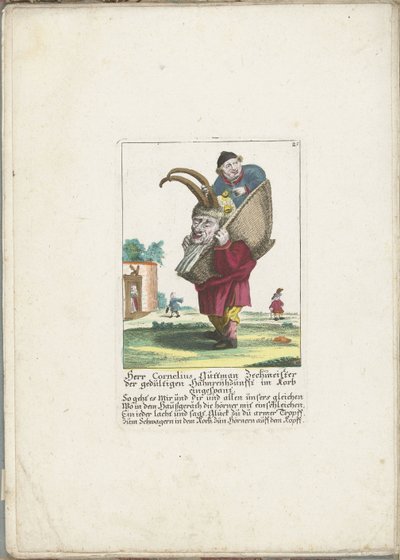 De dwerg Cornelius Guttman como hoorndrager, hacia 1710 El Sr. Cornelius Guttman, el borracho del gremio de cornudos pacientes, enjaezado en una canasta (título sobre el objeto) Il Callotto resurcitato o Gabinete pequeño recién amueblado (título de la seri de Martin Engelbrecht (attributed to)