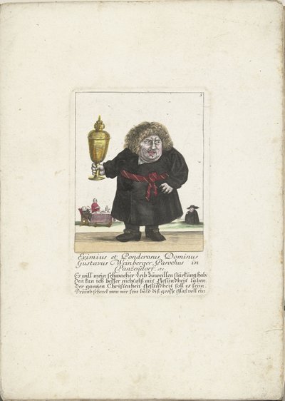 El enano Gustavus Weinberger como clérigo con una copa, hacia 1710 Parroquia de Eximius et Ponderosus Dominus Gustavus Weinberger en Panzendorf, etc. (título sobre el objeto) Il Callotto resurcitato oder Neu eingerichts Zwerchen Cabinet (título de la serie de Martin Engelbrecht (attributed to)