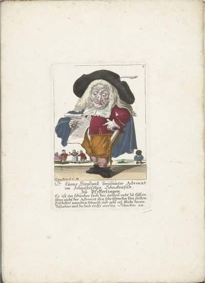 De dwerg Lucas Hirnzwik como een advocaat, hacia 1710 dr. Lucas Hirnzwik, famoso abogado en Suabia Schnekenfeld, sobre rebozuelos (título sobre objeto) Il Callotto resurcitato o Gabinete pequeño recién amueblado (título de la serie) de Martin Engelbrecht (attributed to)