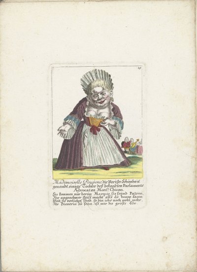 De dwerg Mademoiselle Poupon, como Parijse Schone, hacia 1710 Mademoiselle Poupone, la belleza parisina, hija del conocido Abogado del Parlamento Monsr. Chican (título sobre objeto) Il Callotto resurcitato o cabaña Zwerchen recién amueblada de Martin Engelbrecht (attributed to)