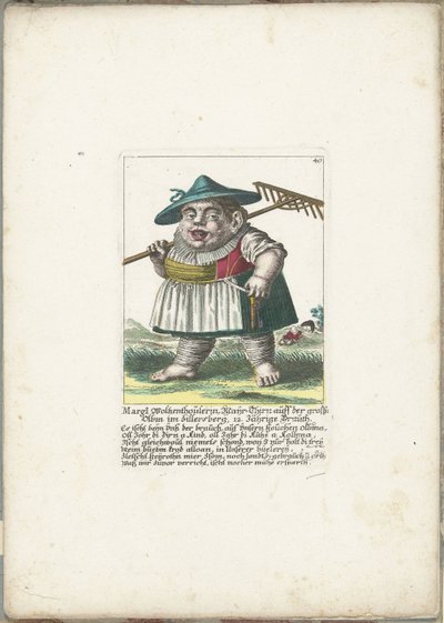 El enano Margl Woltzenthoulerin, ca. 1710 Margl Woltzenthoulerin, Mayr-Thirn auff der grossn Olbm im Zillersberg, 12. Jährige Brauth (título sobre objeto) Il Callotto resurcitato oder Neu eingerichtes Zwerchen Cabinet (título de la serie) de Martin Engelbrecht (attributed to)