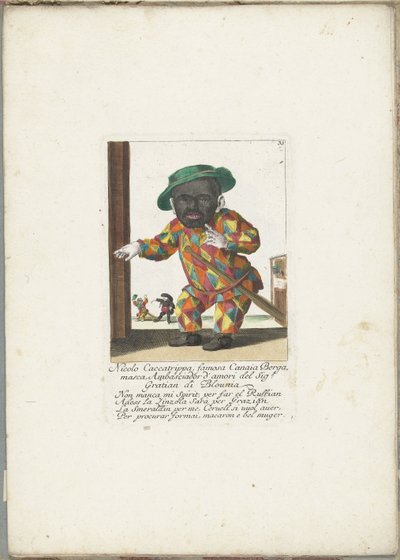 De dwerg Nicolo Caccatrippa als harlekijn, ca. 1710 Nicolo Caccatrippa, famosa Canaia Bergamasca, Embajador d
