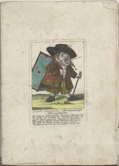De dwerg Nicolo Cantabella, hacia 1710 Nicolo Cantabella, cortador de gusanos de Saboya (título sobre el objeto) Il Callotto resurcitato o Gabinete pequeño recién amueblado (título de la serie) de Martin Engelbrecht (attributed to)