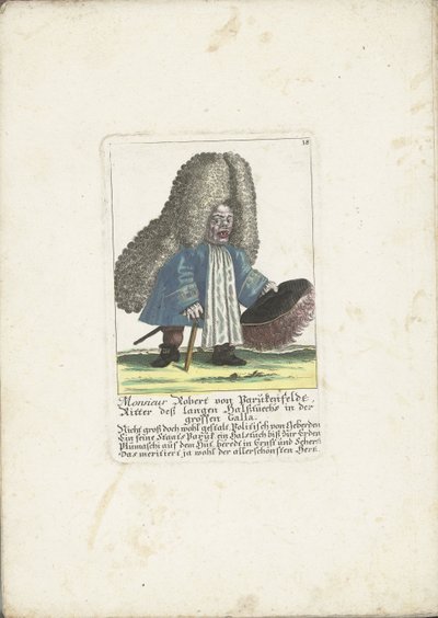 De dwerg Robert von Parukenfeldt, hacia 1710 Monsieur Robert von Parukenfeldt, Caballero de la tela de cuello largo en la Gran Galla (título sobre el objeto) Il Callotto resurcitato o Gabinete pequeño recién amueblado (título de la serie) de Martin Engelbrecht (attributed to)