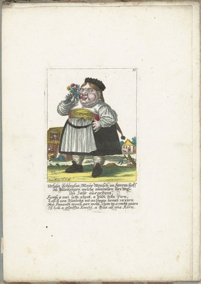 La dwerg Ursula Schleglin, hacia 1710 Ursula Schleglin, Maijr Mensch im Herren hoff zu Bluntzingen, quien ahora cumplió su año de exención (título sobre el objeto) Il Callotto resurcitato o Gabinete pequeño recién amueblado (título de la serie) de Martin Engelbrecht (attributed to)