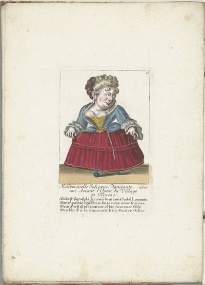 Dwerg als de Franse Mademoiselle Jolicoeur, ca. 1710 Mademoiselle Jolicoeur, bailarina con su amante en la Opera du Village de Provenza (título sobre el objeto) Il Callotto resurcitato oder Neu eingerichtes Zwerchen Cabinet (título de la serie) de Martin Engelbrecht (attributed to)