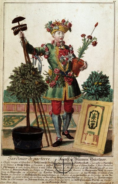 Un jardinero. Grabado de Martin Engelbrecht (1684-1756), en “Nueva asamblea de las manouvries habilles” siglo XVIII, Alemania. París, Artes Decorativas de Martin Engelbrecht