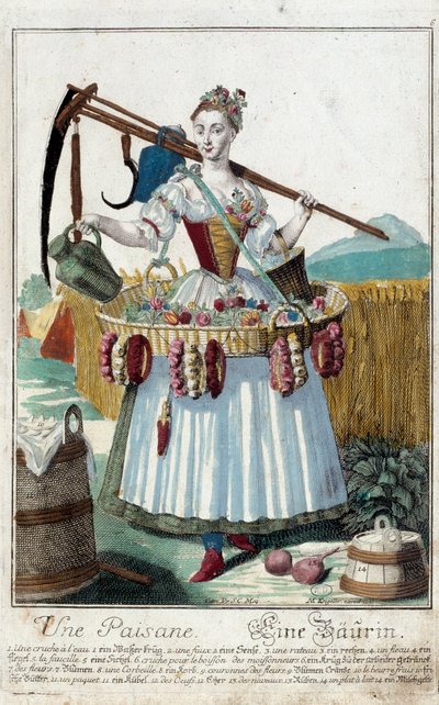 Una campesina. Grabado por Martin Engelbrecht (1684-1756), en "Nueva asamblea de las manouvries habilles" siglo XVIII, Alemania. París, Artes Decorativas de Martin Engelbrecht
