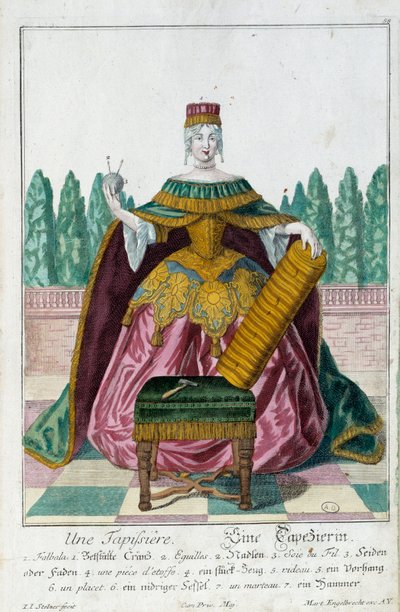 Tapicería. Grabado por Martin Engelbrecht (1684-1756), en "Nueva asamblea de los manouvriers habillés" siglo XVIII, Alemania. París, Artes Decorativas de Martin Engelbrecht