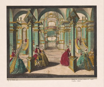 Vista del interior de un palacio, con varias damas y caballeros ricamente vestidos de Martin Engelbrecht