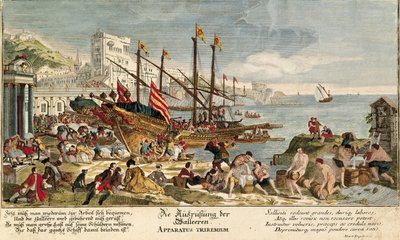 Mercancías cargadas en una galera (grabado en color) de Martin Engelbrecht
