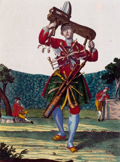 Fabricante de flautas, grabado de Assemblage des nouveau manouvries habilles por Martin Engelbrecht (1684-1756), Alemania de Martin Engelbrecht