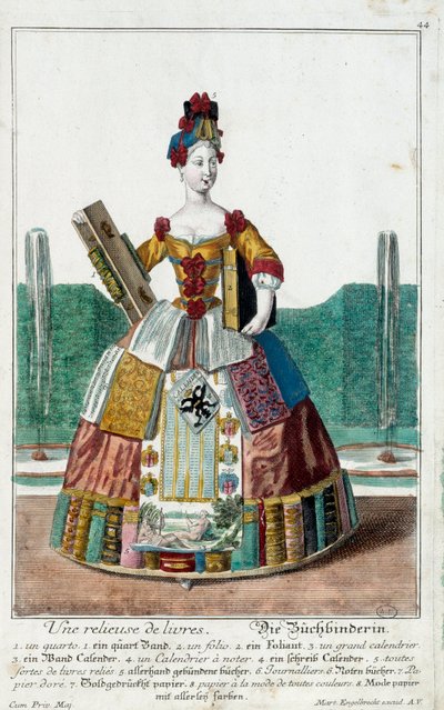 Oficio: Un encuadernador. Grabado por Martin Engelbrecht (1684-1756), en "Nueva asamblea de las manouvries habilles" siglo XVIII, Alemania. París, Artes Decorativas de Martin Engelbrecht
