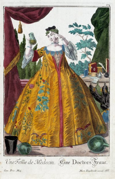 Oficio: La esposa de un médico. Grabado por Martin Engelbrecht (1684-1756), en "Nueva asamblea de los manouvriers habillés" siglo XVIII, Alemania. París, Artes Decorativas de Martin Engelbrecht