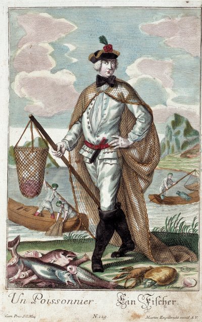 Oficio: Un árbol de peces. Grabado de Martin Engelbrecht (1684-1756), en “Nueva asamblea de las manovrias vestidas” siglo XVIII, Alemania. París, Artes Decorativas de Martin Engelbrecht