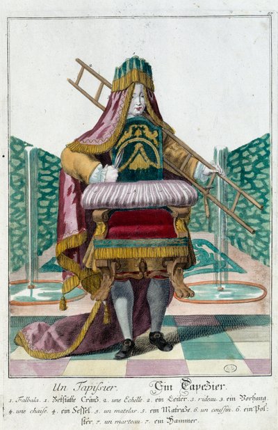 Oficio: un tapicero. Grabado de Martin Engelbrecht (1684-1756), en "Nueva asamblea de las maniobras vestidas" siglo XVIII, Alemania. París, Artes Decorativas de Martin Engelbrecht
