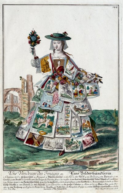 Oficio: Una vendedora de imágenes. Grabado de Martin Engelbrecht en “Nueva asamblea de las manouvries habilles” siglo XVIII, Alemania. París, Artes Decorativas de Martin Engelbrecht