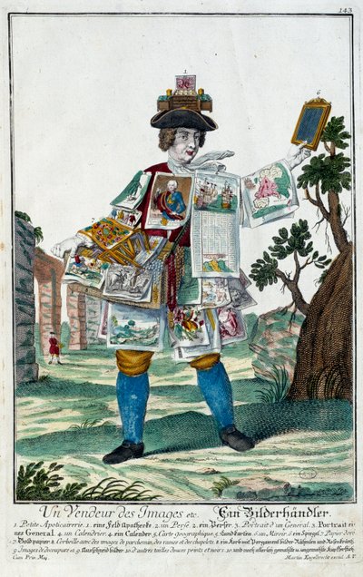 Oficio: Un vendedor de imágenes. Grabado por Martin Engelbrecht (1684-1756), en "Nueva asamblea de las manouvries habilles" siglo XVIII, Alemania. París, Artes Decorativas de Martin Engelbrecht