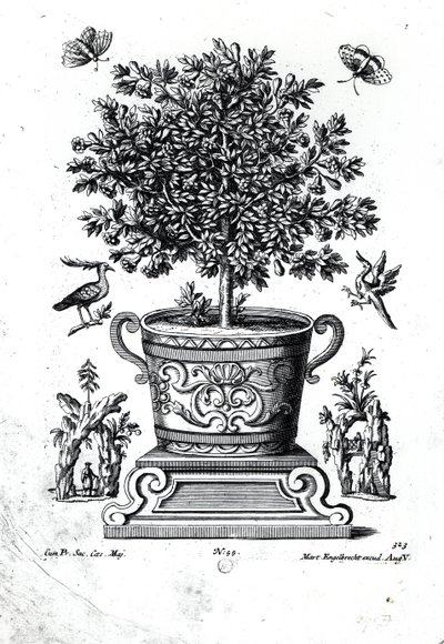 Árbol ornamental en una urna sobre un pequeño escenario de Martin Engelbrecht